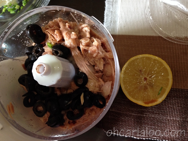 Tuna olives in processor